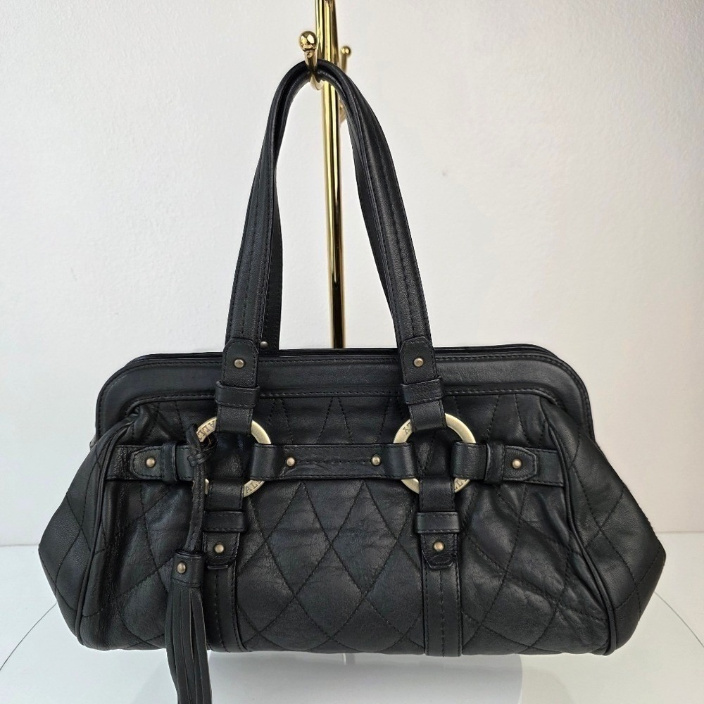 Bally Quilted Rosalyn Tassell Satchel Baguette Handbag Black Leather - Picture 2 of 16
